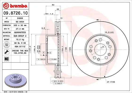 Диск гальмівний передній вентильований Mercedes S-class 91-99р Brembo (09.8726.10) - фото 2