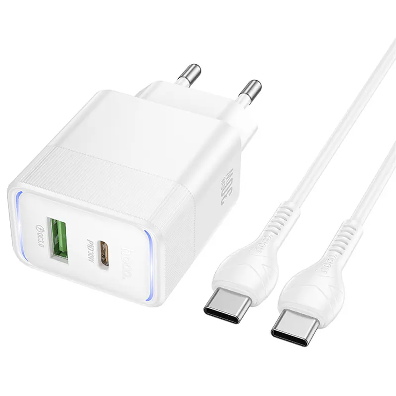 Мережевний зарядний пристрій Hoco CS112A Lounge PD30W+QC3.0 1USB-A/1C + кабель Type-C to Type-C White - фото 2