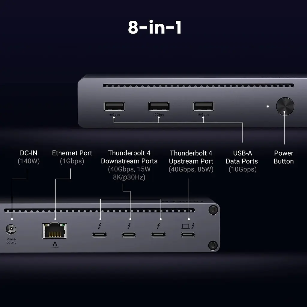 Док-станція Thunderbolt 4 --> 3xTh.4/3xUSBA 3.2/RJ45 Gigabit/140W ARevodok Max 8-in-1 U708 Ugreen - фото 2