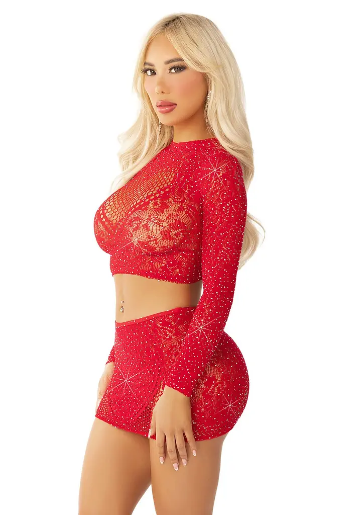 Блискучий комплект кроп-топ і спідниця Leg Avenue Rhinestone One Size, Red, довгий рукав - фото 3