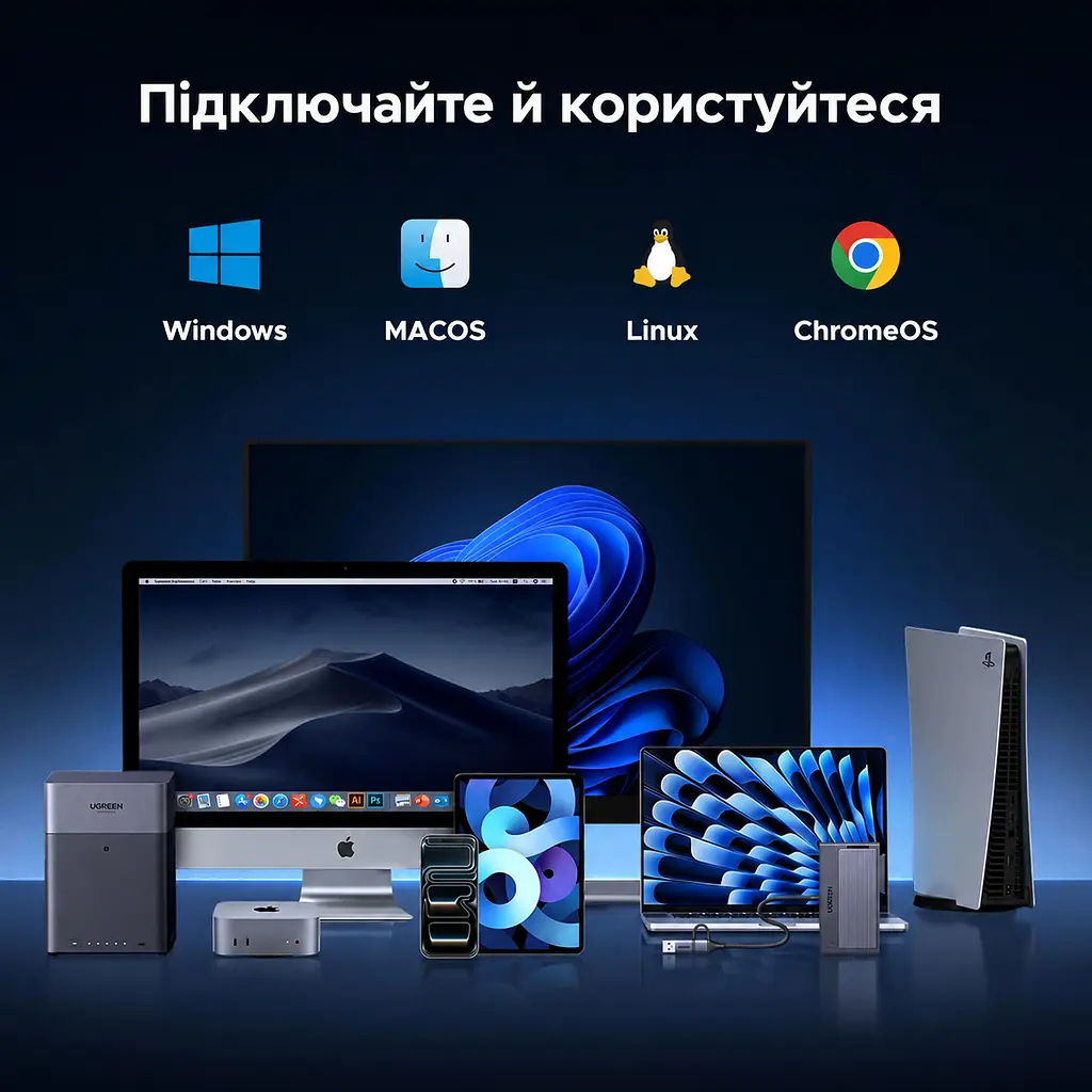 Адаптер HDD/SSD UGREEN D320 USB-C SATA 7+15 pin та M.2 M-Key одночасна робота M.2 NVMe і SATA до 10 Гбіт/с SATA HDD/SSD 2,5″/3,5″ M.2 NVMe M-Key/B+M-Key 2230/2240/2260/2280 для 3,5″ HDD потрібен комплектний блок 12 В/2 А Windows macOS Linux ChromeOS Plug-and-Play вимикач індикатор UASP S.M.A.R.T. TRIM перенесення SATA → M.2 за допомогою ПЗ магнітна кришка монтаж без інструментів вбудований кабель USB-C з перехідником USB-A 0,5 м сірий (75621EU) - фото 10