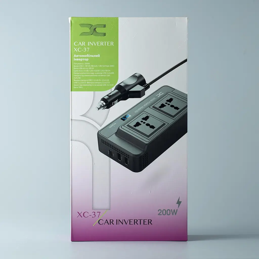 Автомобільний інвертор 12 - 220в - DC XC-37 (розетки 2xEU + 2USB + PD ) 200W чорний - фото 6