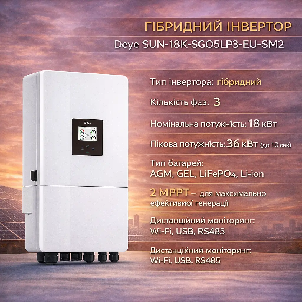 Гібридний інвертор Deye SUN-18K-SG05LP3-EU-SM2 18 кВт для сонячних систем з MPPT контролерами - фото 2