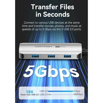 Концентратор Vention USB 3.1 Type-C to HDMI 4K60Hz/USB 3.0x3/PD 100W 5-in-1 (TQDHB) - фото 5