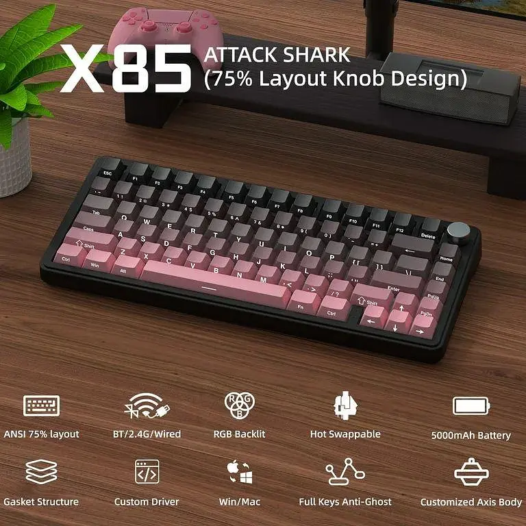 Бездротова клавіатура ATTACK Shark X85 Pink 75% | RGB підсвітка | бокове гравіювання - фото 9