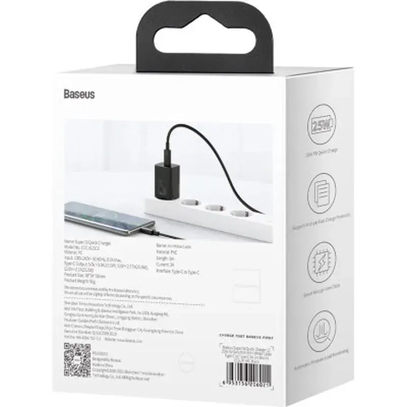 Зарядний пристрій Baseus 1xUSB 25W (USB-C) + Cable Type-C black (TZCCSUP-L01) - фото 9