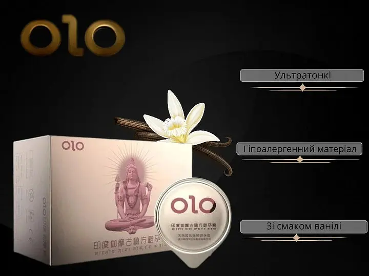 Ультратонкі презервативи OLO Gold Budda з гіалуроновим мастилом та ароматом ванілі, 10 шт Olo Olo Gold Budda; Olo Indian gold budda 101872 - фото 2