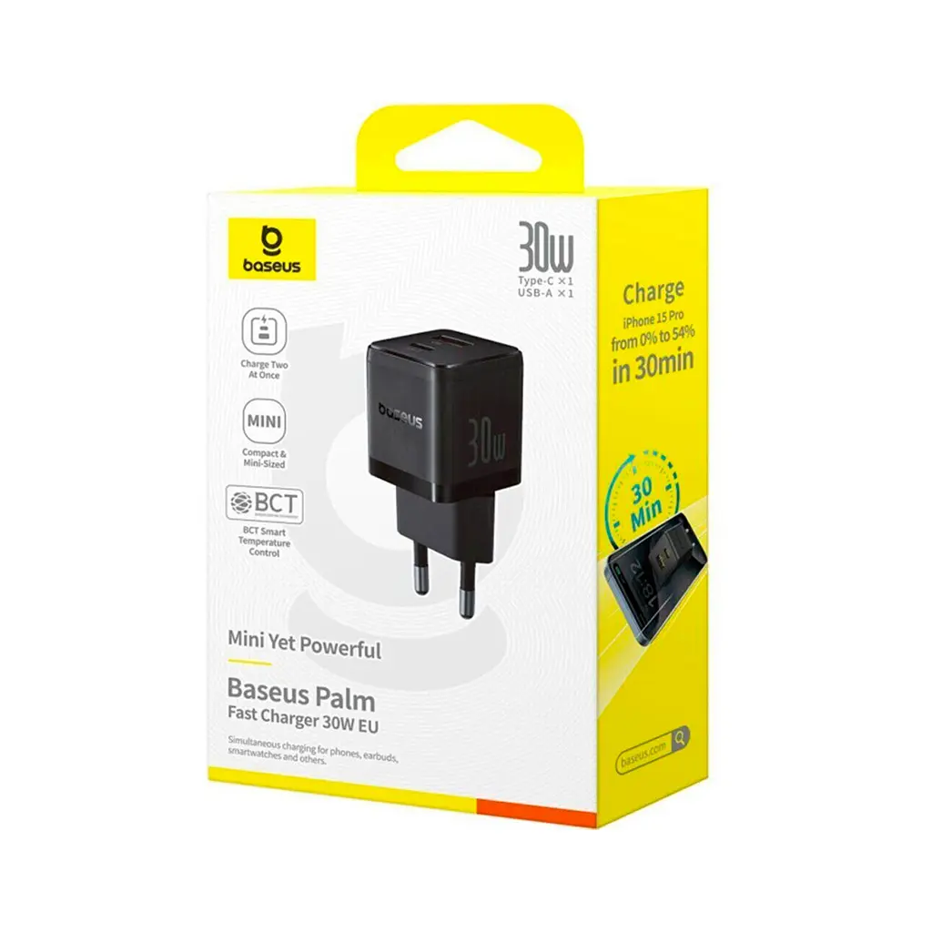 Зарядний пристрій Baseus Palm Cluster 30 Вт, USB-C + USB-A, швидке заряджання, чорний (P1011160A113-00) - фото 7