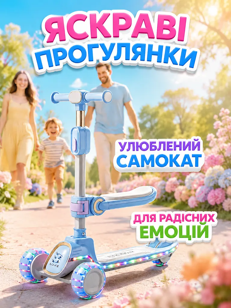 Дитячий самокат триколісний 2в1 блакитний із сидінням підсвічуванням коліс і музикою (49675955) - фото 8