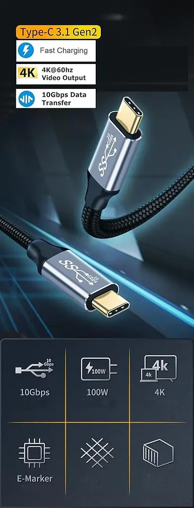 Кабель USB-C - USB-C 3.1 Gen2 10Gbps Передача даних, 100W 20V/5A 3.3ft USB Type C PD Швидкий зарядний кабель 4K Відеовихід - фото 2