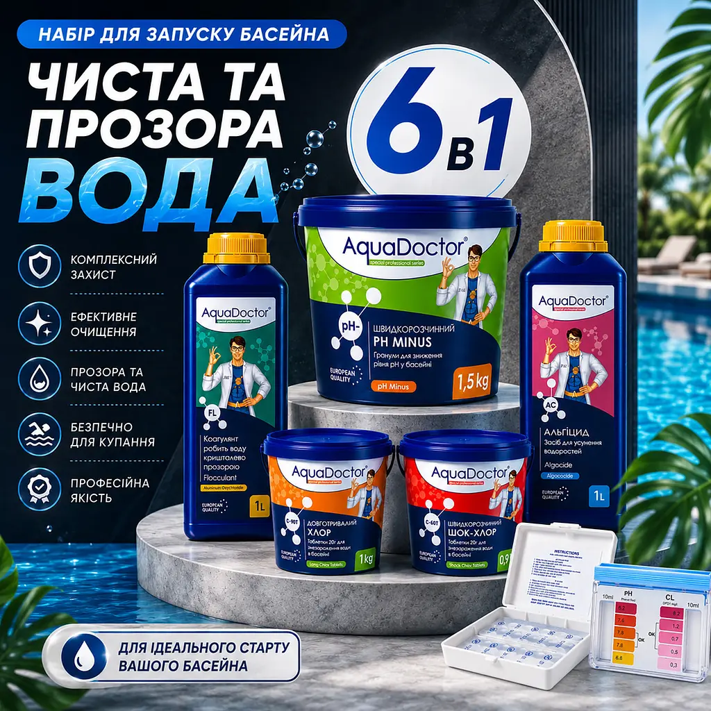 Стартовий набір хімії для басейну AquaDoctor Super Kit 6в1 30–50 м³ швидкий повільний хлор, альгіцид, флокулянт, pH Minus, тестер 88582 - фото 2