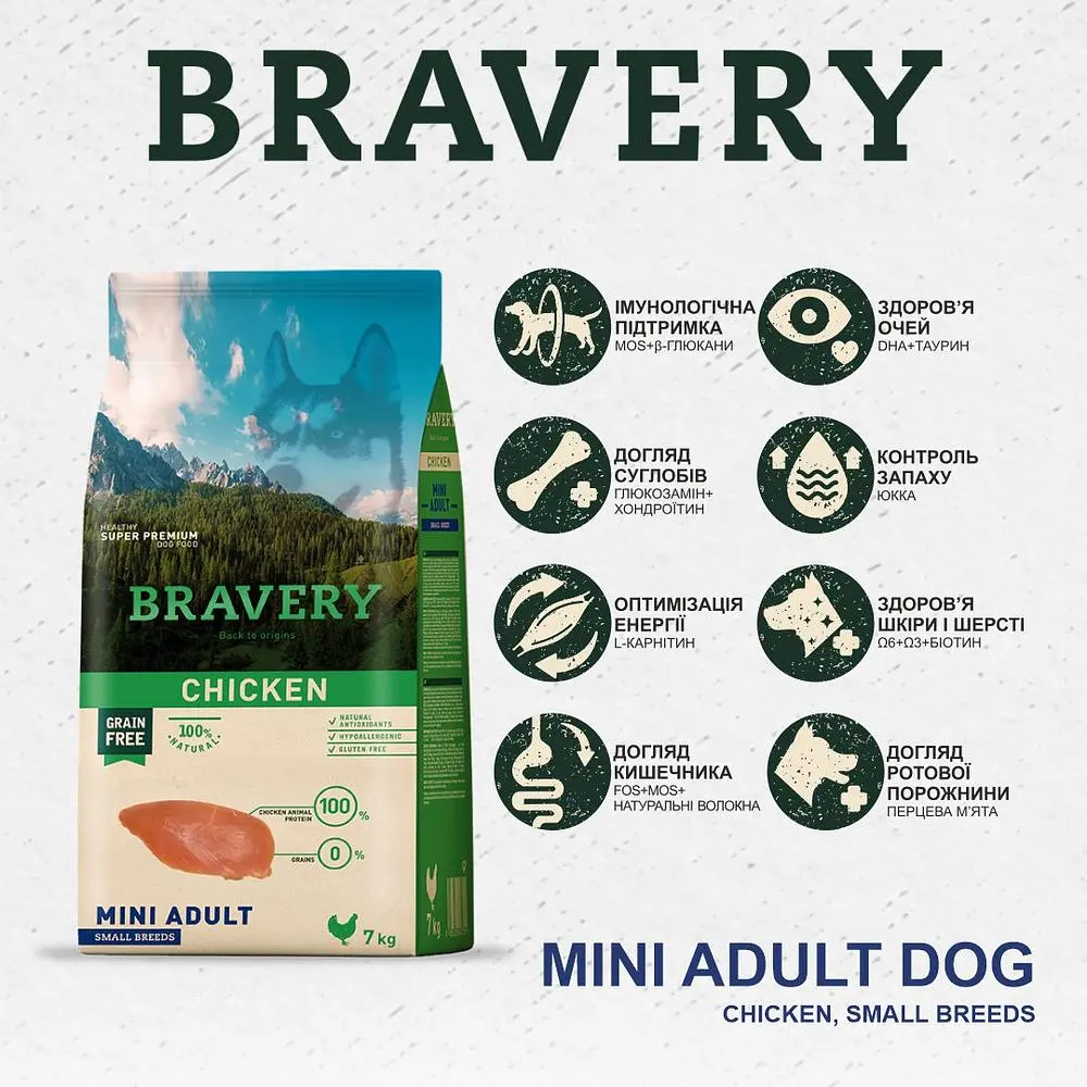 Сухий корм для дорослих собак малих порід Bravery Chicken Mini Adult з куркою 2 кг 04PE002000.0004.0192 - фото 3