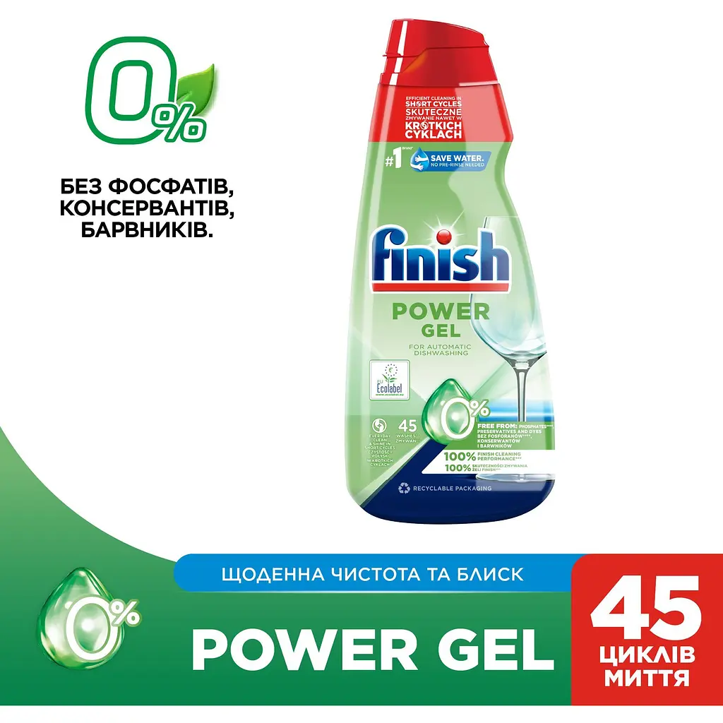 Засіб для миття посуду у посудомийних машинах Finish Power All in One Gel 0% 900 мл - фото 2