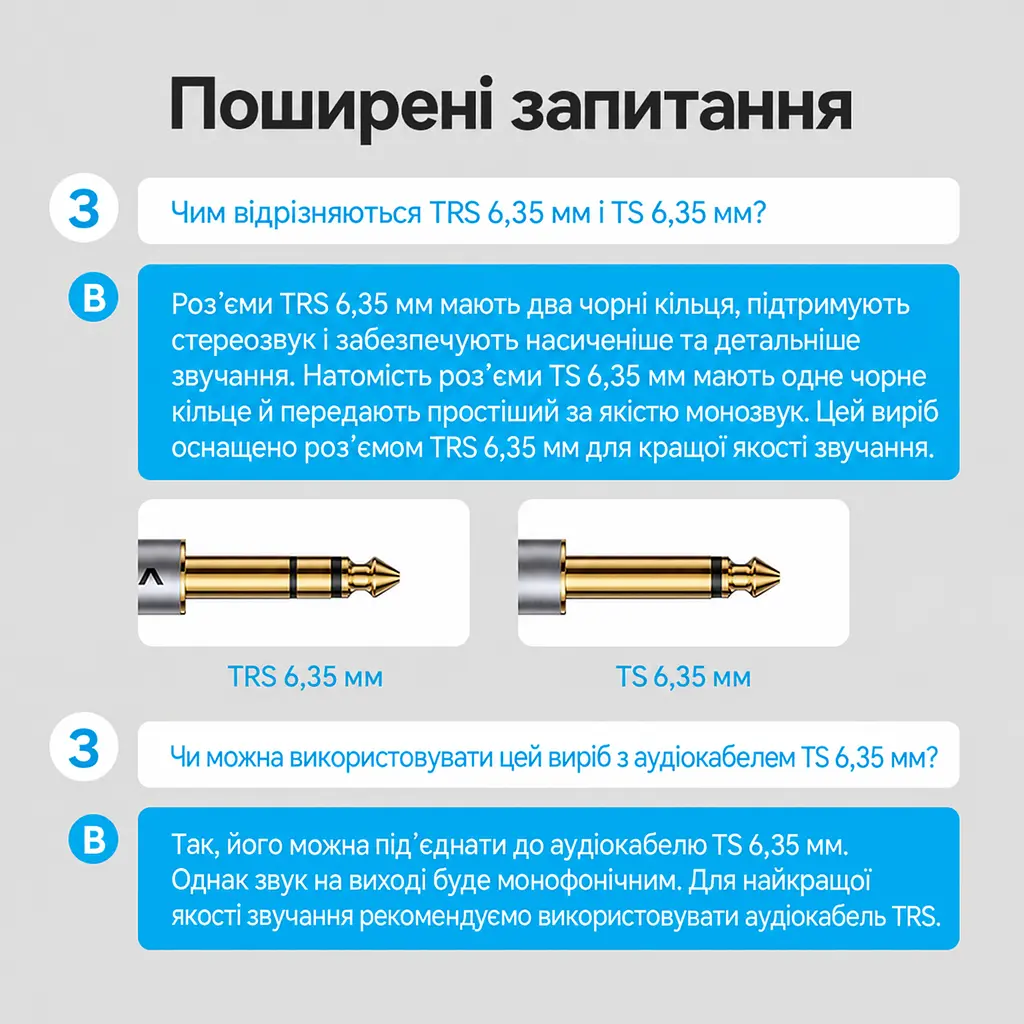 Аудіокабель-подовжувач Vention 2 м Jack 6,35 мм TRS штекер на гніздо для подовження кабелю навушників із відповідним штекером з екрануванням фольгою та металевим обплетенням у бавовняному обплетенні з позолоченими роз’ємами сірий (BCXHH) - фото 15