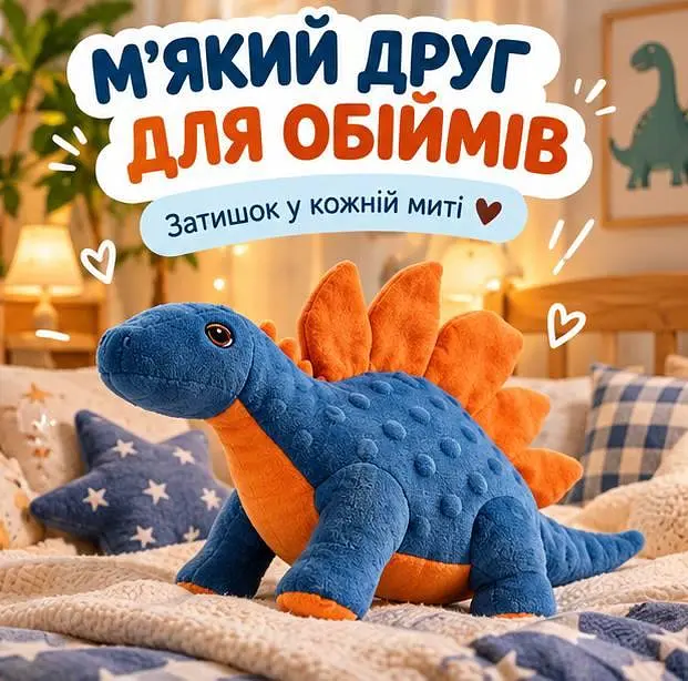Іграшка плюшева динозавр м'який динозаврик для дітей подарунок хлопчику або дівчинці синьо-помаранчева - фото 2