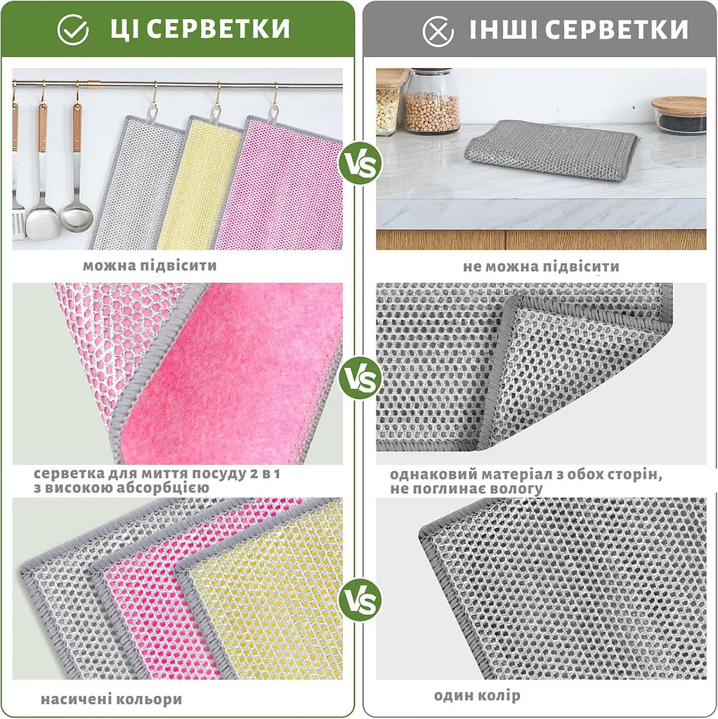 Набір кольорових багаторазових серветок із мікрофібри з абразивною сіткою для посуду, скла та меблів, 3 шт., Kitchen Master Різні кольори 86857 - фото 8