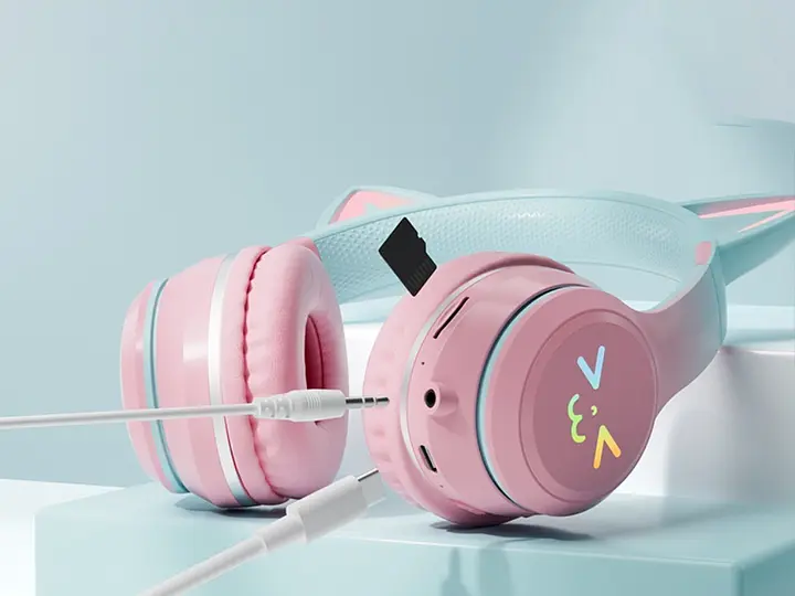 Дитячі бездротові навушники CATEAR BT618 з вушками та RGB-підсвіткою Bluetooth рожеві - фото 4