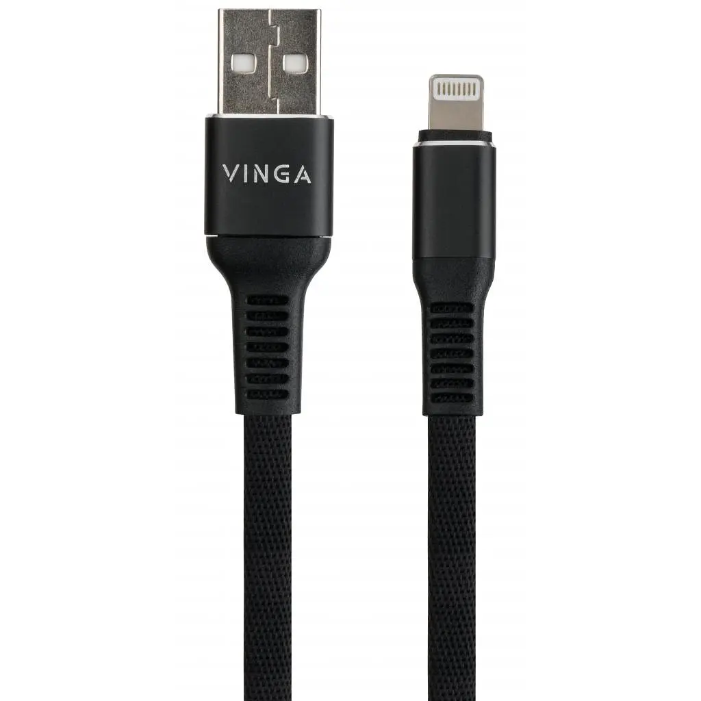 Дата кабель USB 2.0 AM to Lightning 1.0m flat nylon black Vinga (VCPDCLFNB1BK) - фото 2