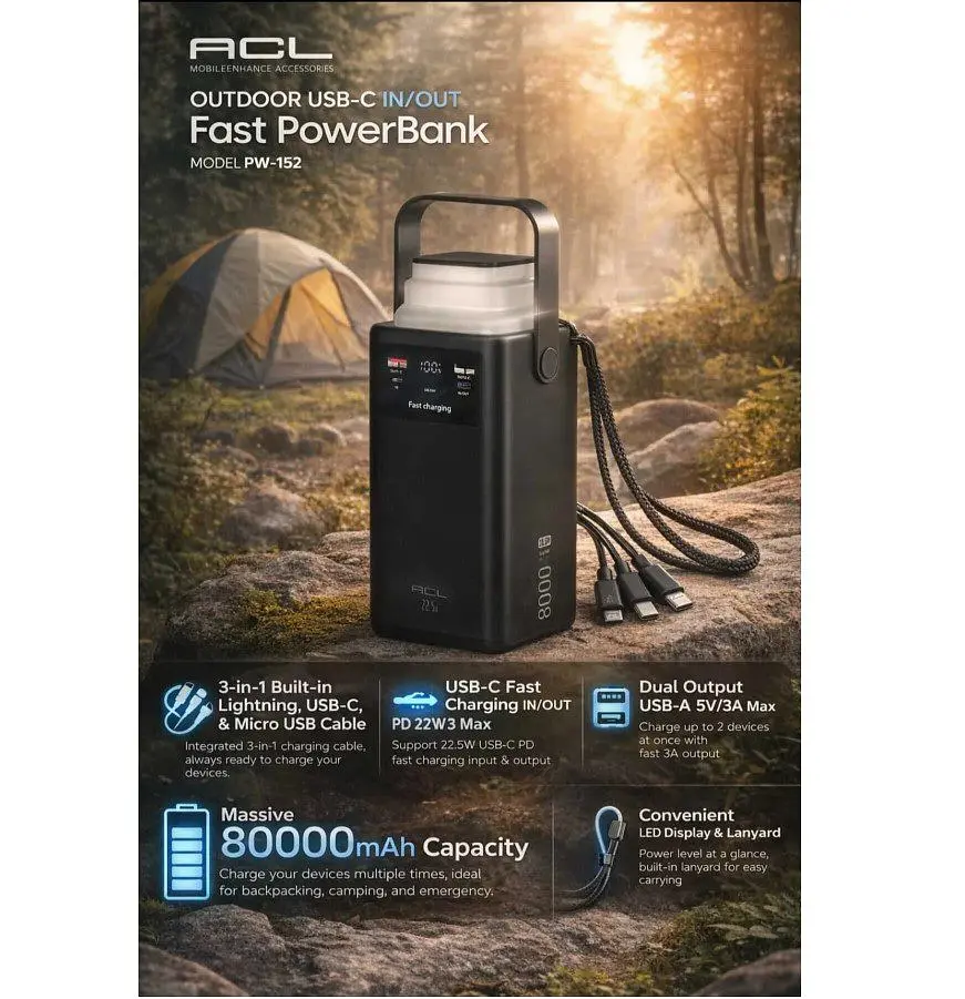 Повербанк Powerbank ACL PW152 80000mAh, 22.5W, 2xUSB, 4 кабелі(USB/Micro/Type-C/Lighting), Ліхтар - фото 6