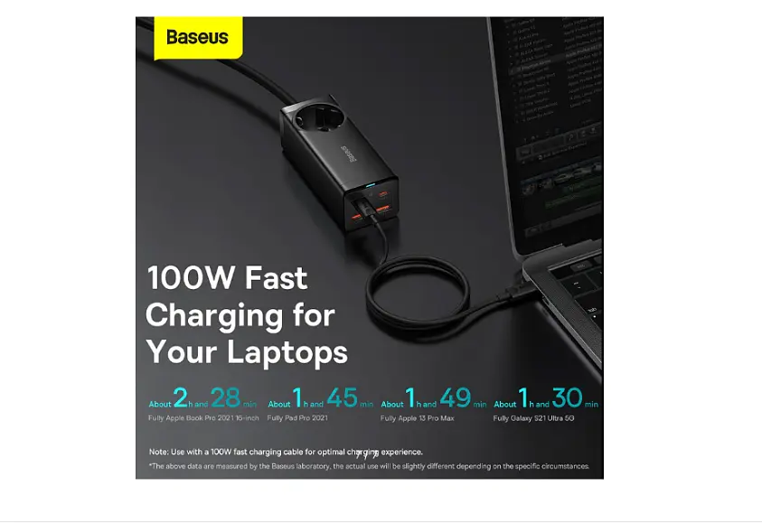 Мережевий зарядний пристрій Baseus GaN3 Pro AC + 2xUSB + 2хType-C 100 W + Cable Type-C-Type-C 100 W 1 м PSZM000401 - фото 5