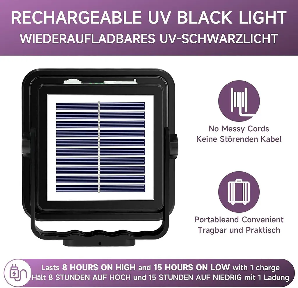 Black Light Spotlight 60 Вт, WINNIW 120 LED УФ-лампа з чорним світлом, що перезаряджається ультрафіолетове світло для вечірки - фото 4