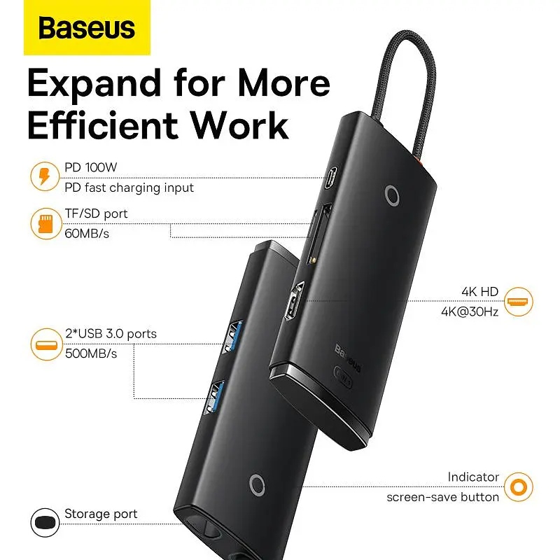 USB-Хаб Baseus Lite Series 6-in-1 (Type-C to HDMI + 2xUSB 3.0 + PD + SD/TF) black (WKQX050101) - фото 10