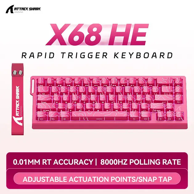 Ігрова магнітна клавіатура ATTACK SHARK X68 HE,RGB,Rapid Trigger, Рожевий - фото 2