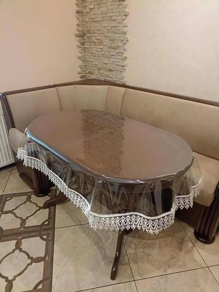 Силіконова скатертина овальна з мереживом 7см 160х110 см Кремовий - фото 2