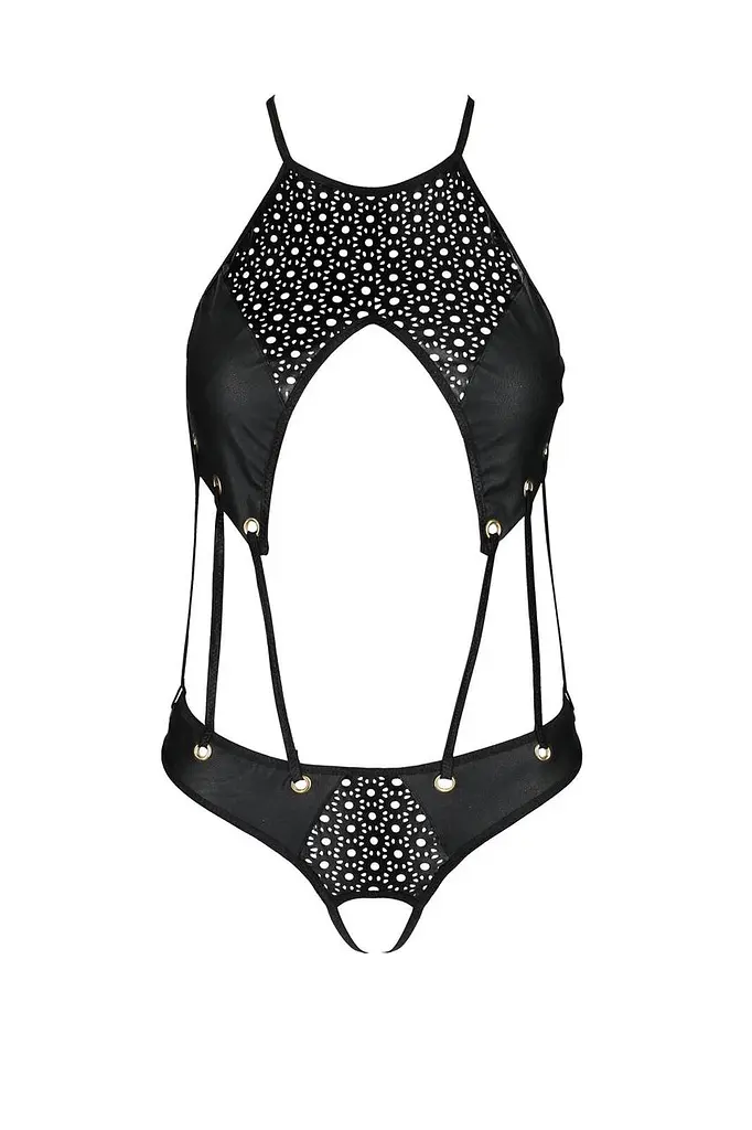 Боди с открытым доступом Passion TASMINA Body L/XL black экокожа шнуровки ажурные кружева - фото 3