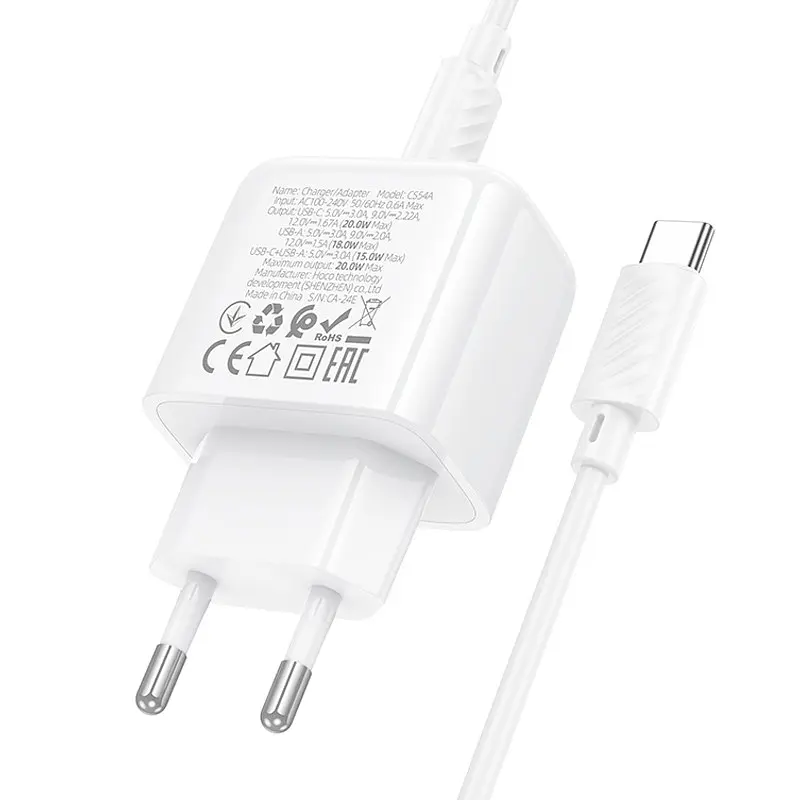 МЗП Hoco CS54A Surplus PD20W+QC3.0 (1USB-A/1C) + кабель Type-C to Type-C White - фото 7