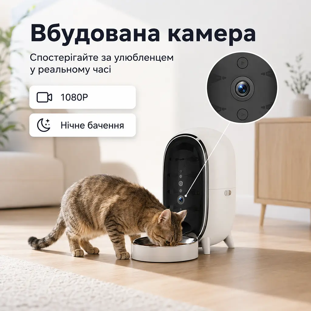 Автоматична годівниця для кота DUDUPET F01-V 3 л Wi-Fi з камерою та голосовим повідомленням, білий - фото 3