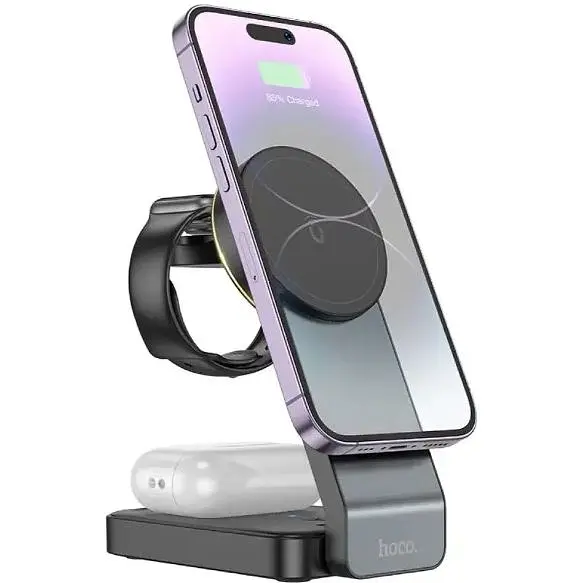 Безпровідна зарядка підставка Hoco CQ3 для iPhone iWatch/Airpods на 5-15W QI 3А чорна - фото 3