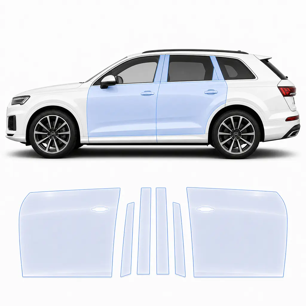 Антигравійна захисна бронеплівка за лекалами для Audi Q7 4M second facelift 2024- зони дверей і стійки вікон