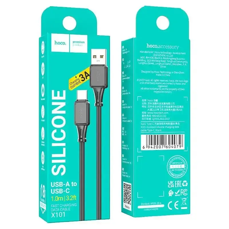 Кабель Hoco USB X101 Type-C 3A 1 м силиконовый провод для быстрой зарядки гаджетов черный - фото 3