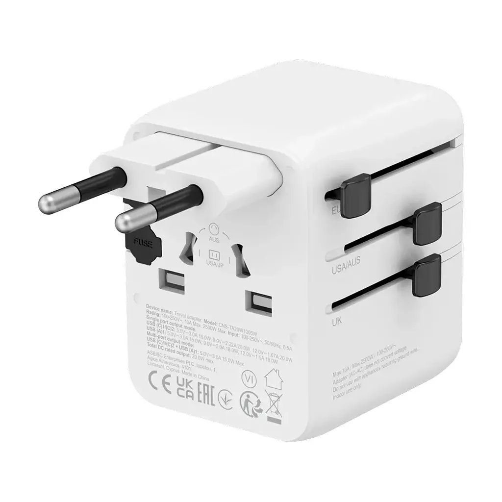 Зарядний пристрій Canyon OnTour 20 2xUCB-C + USB-A EU/UK/US/AUS 20W White (CNS-TA20W1005W) - фото 3