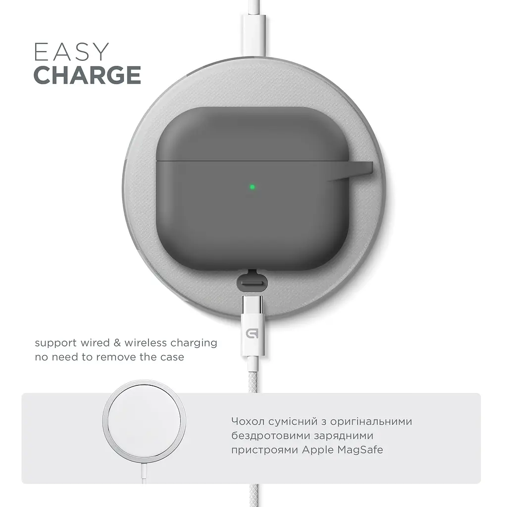 Силіконовий чохол для навушників Apple AirPods 3, Hang Case, сірий, ультратонкий захисний кейс товщиною 2 мм, захист від подряпин, пилу та ударів, компактний, з карабіном для кріплення, ArmorStandart (ARM60306) - фото 7