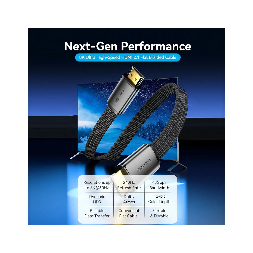 Кабель мультимедійний HDMI M to HDMI M 2.0m V2.1 8K60Hz flat VENTION (ALKBH) - фото 4