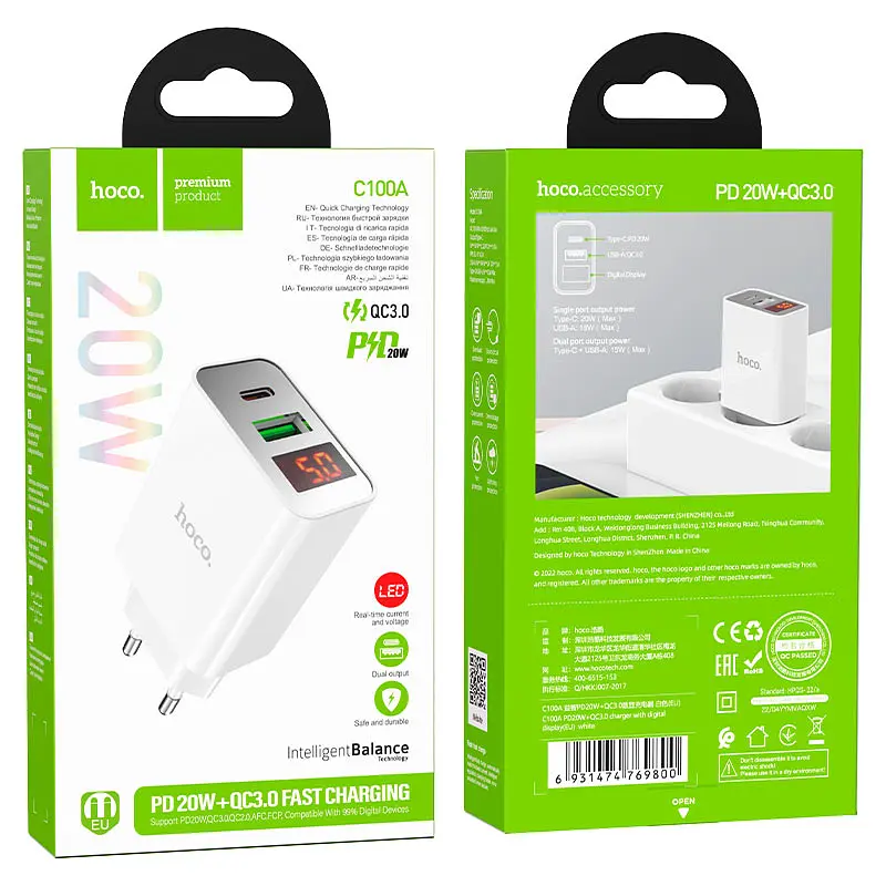 Мережевий зарядний пристрій Hoco C100A PD20W+QC3.0 White [769800] [76039] - фото 7