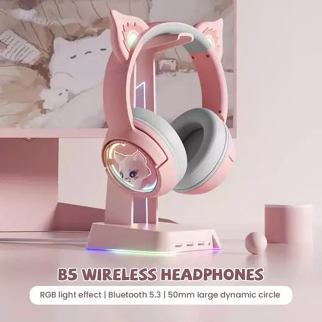 Бездротові ігрові навушники з вушками Onikuma B5 Bluetooth гарнітура з мікрофоном та RGB Pink (19116) - фото 5