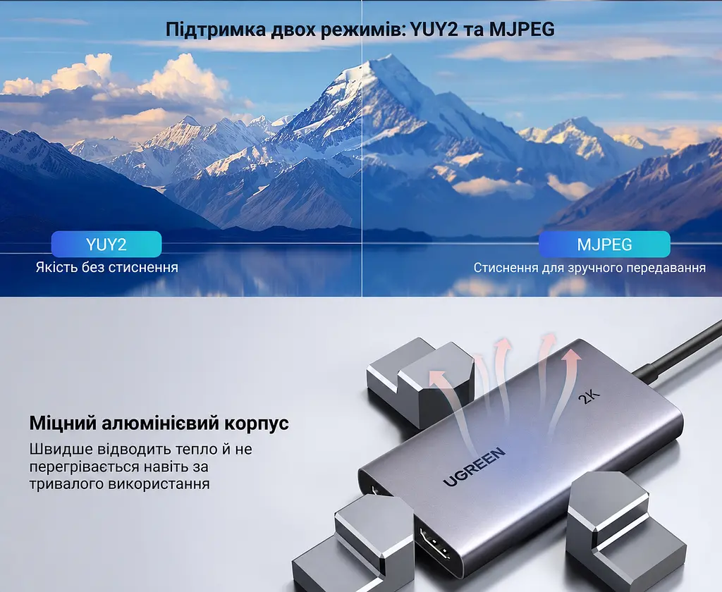 Карта відеозахоплення UGREEN CM726 з HDMI на USB-A/USB-C 3.0 захоплення 2K 30 Гц або 1080p 60 Гц з наскрізним виходом HDMI 4K 30 Гц для сигналу без захисту HDCP із захопленням звуку для OBS Studio формати YUY2 і MJPEG алюмінієвий корпус космічний сірий (25773) - фото 10