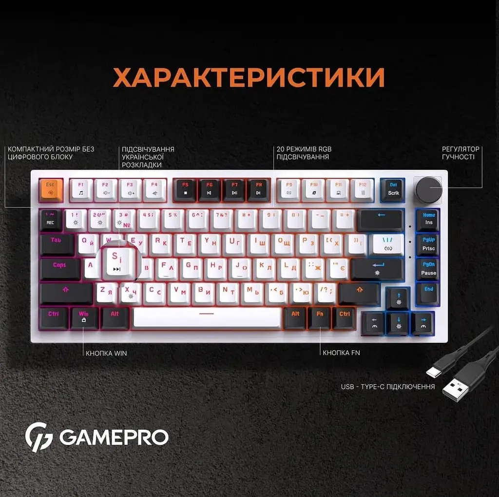 Клавіатура GamePro MK160W Outemu Red Hot-Swap RGB USB White (MK160W) - фото 8