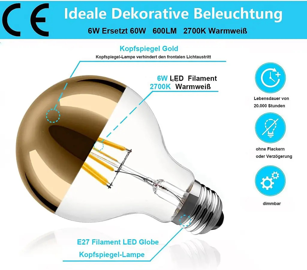 Набір декоративних LED ламп E27 G80 6W 2700K із золотим покриттям, 2 шт - фото 3