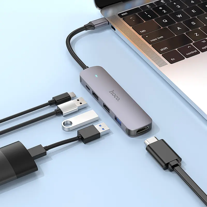 USB-хаб HOCO HB27 Type-C multi-function converter(HDTV+USB3.0+USB2.0*2+PD) Metal Gray (6931474769329) - фото 5
