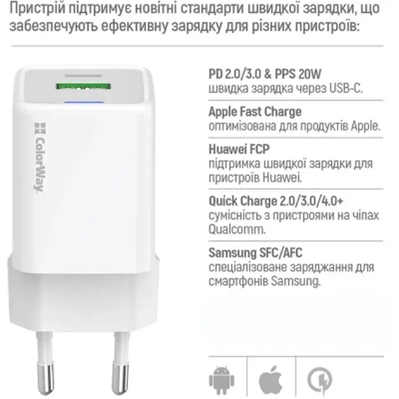 Зарядний пристрій ColorWay USB-C PD20W + 1xUSB QC4.0 white (CW-CHS062PD-WT) - фото 8