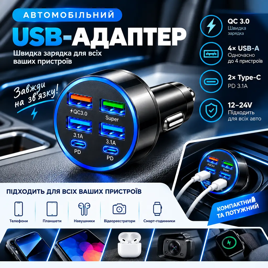 Автомобільний зарядний пристрій 6-в-1 PowerHub 100Вт (4USB + 2PD) - фото 7