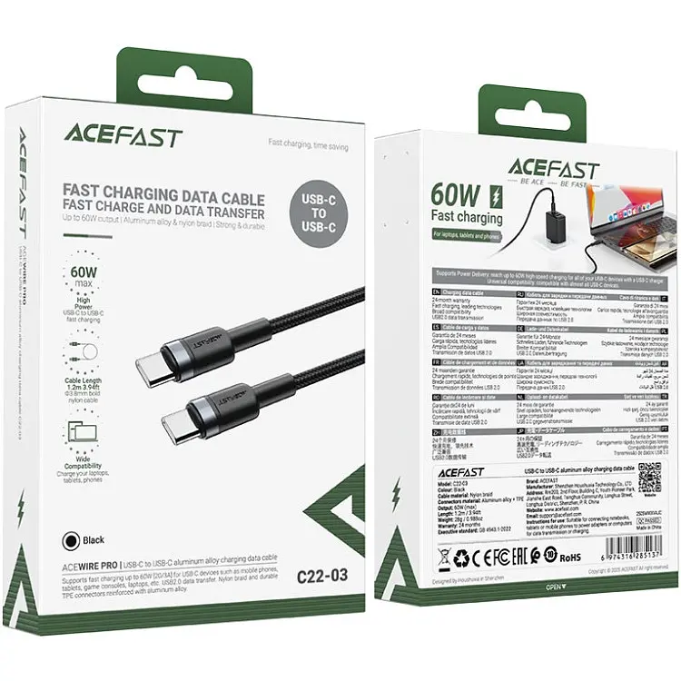 Кабель USB 2.0 Type-C M-M, 1.2 м, 60W aluminum alloy Чорний, C22-03 Acefast - фото 4