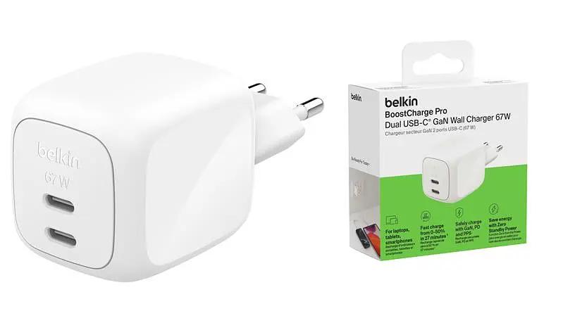 Мережевий зарядний пристрій 2×USB-C GaN PD PPS Belkin BoostCharge Pro 67W White - фото 5