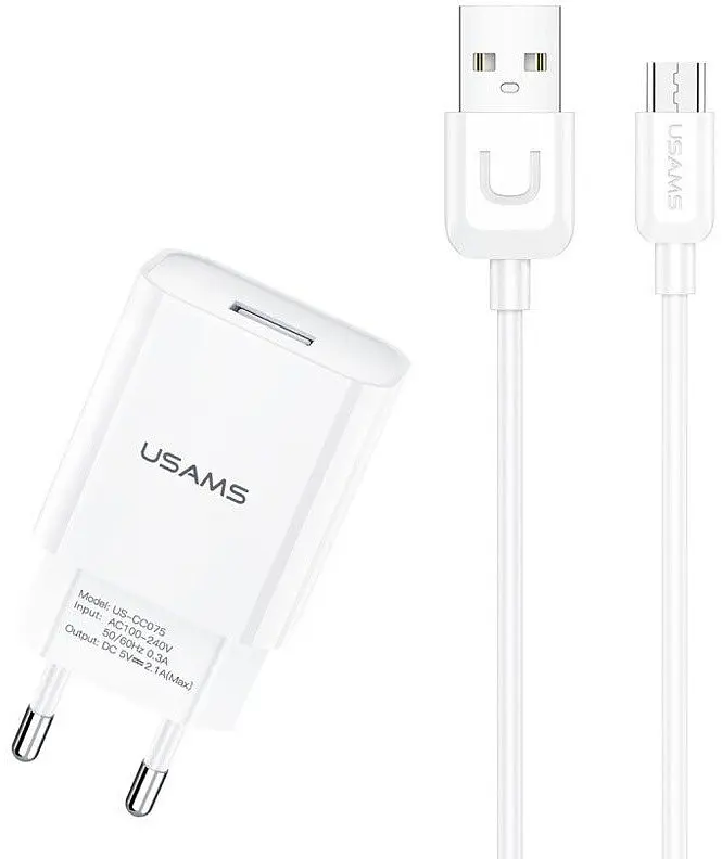 Мережевий зарядний пристрій Usams T21 KiT T18 single USB-A 2.1A with U Turn MicroUSB cable Білий