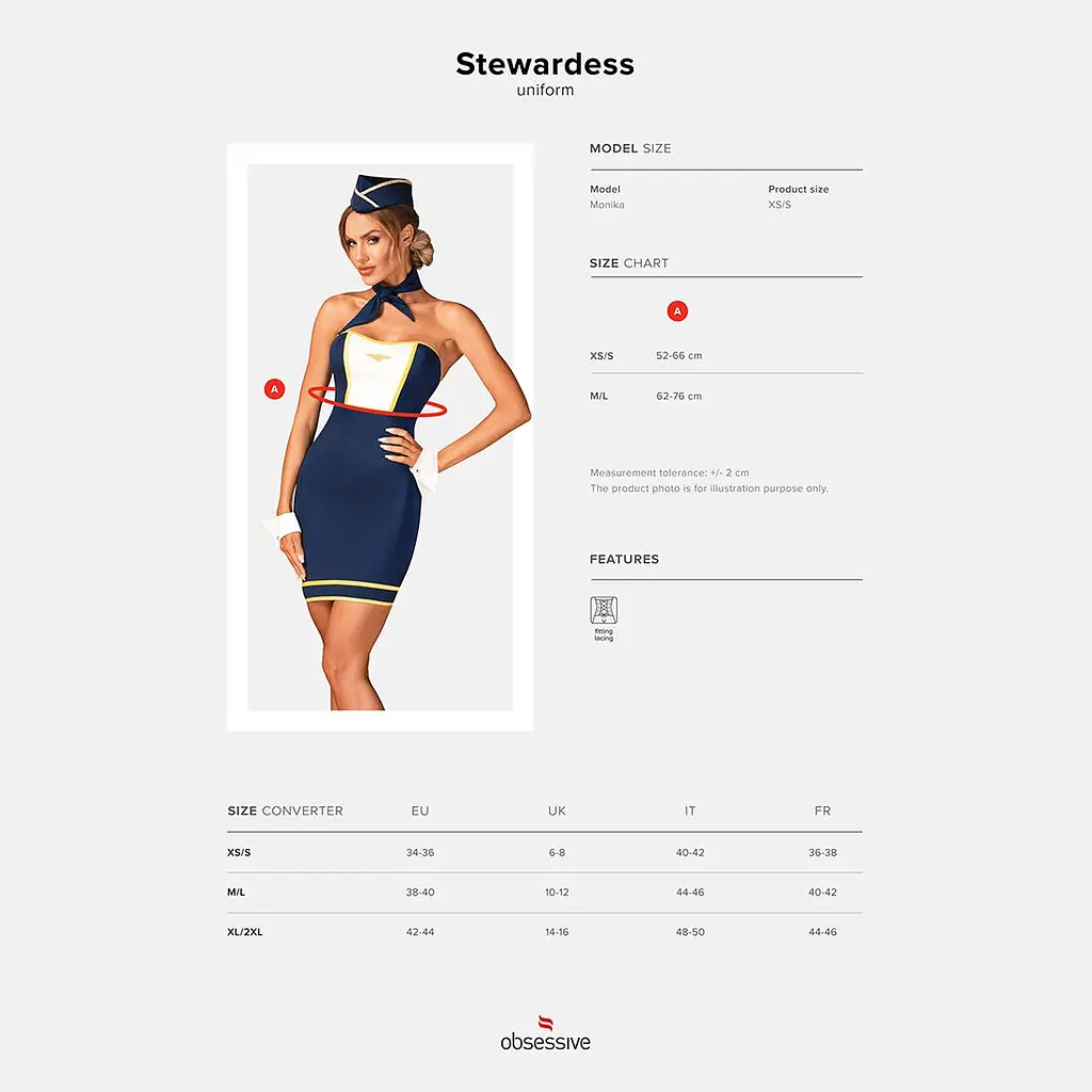 Еротичний костюм стюардеси Obsessive Stewardess uniform M/L, blue, сукня, пілотка, шарф, манжети - фото 7