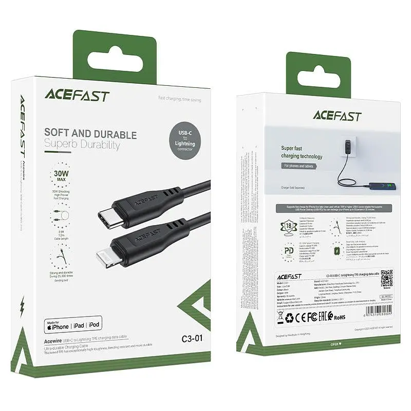 Кабель Acefast C3-01 Type-C to iP 3A 30W TPE TPE разъемы черный - фото 2
